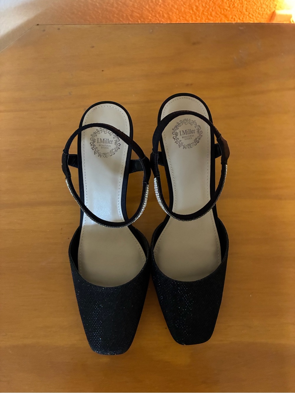 Black Rhinestone-Trim Slingback Heels